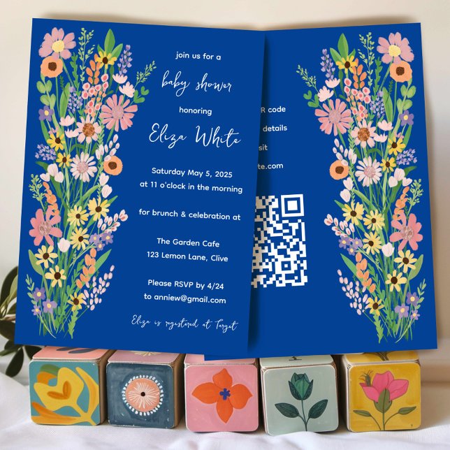 Convite Selvagens Chá de fraldas de código QR personalizad (Wildflowers Handpainted Custom QR code Baby Shower Invitation
)