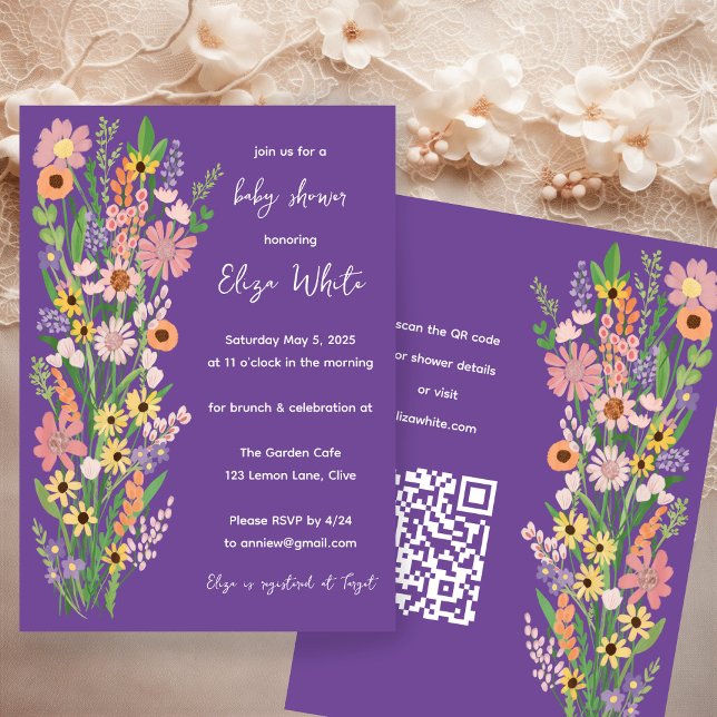 Convite Selvagens Chá de fraldas de código QR personalizad (Wildflowers Handpainted Custom QR code Baby Shower Invitation Purple
)