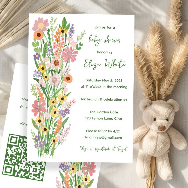 Convite Selvagens Chá de fraldas de código QR personalizad (Wildflowers Handpainted Custom QR code Baby Shower Invitation
)