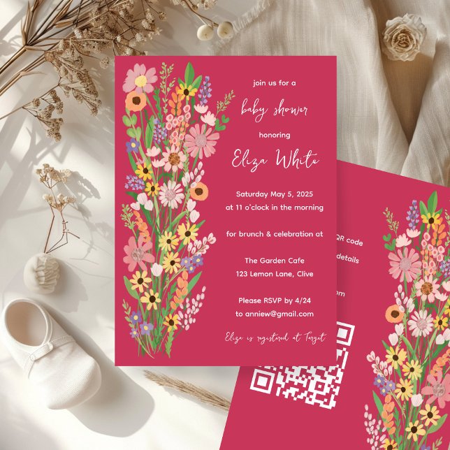 Convite Selvagens Chá de fraldas de código QR personalizad (Wildflowers Handpainted Custom QR code Baby Shower Invitation Pink)