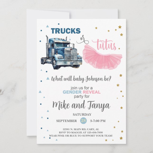 Convite Semi Trucks or Tutus gender reveal invitation. (Frente)