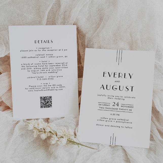 Convite SEMPRE Arte Deco Simples Branco Código QR Preto (EVERLY Art Deco Simple White Black QR Code Wedding Invitation)