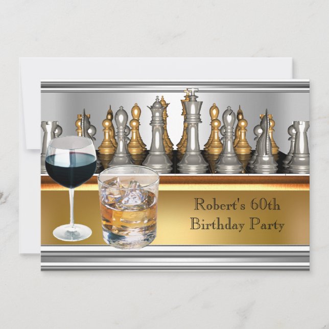 Convite Sena 60ª Festa de aniversário Chess Set Metal Scot (Frente)