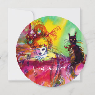 Convite SENHORA COM GATO PRETO / Festa de Mardi Gras com M