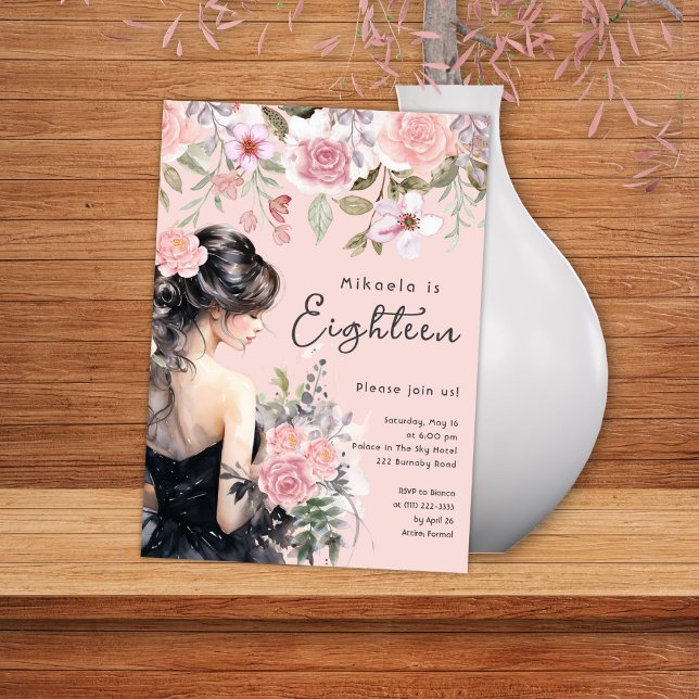 Convite Senhora de Black Gown Pink 18º aniversário (Criador carregado)