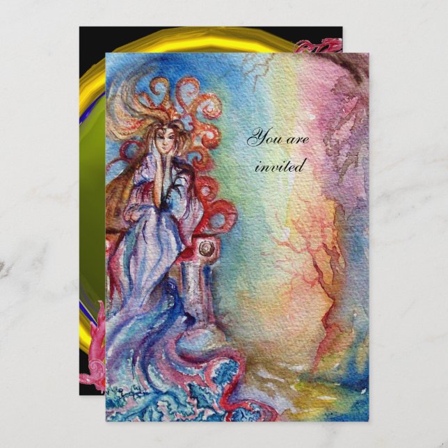 Convite SENHORA DO LAGO vibrante azul brilhante amarelo ro (Frente/Verso)