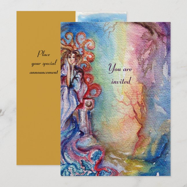 Convite SENHORA DO LAGO, vibrante azul brilhante rosa amar (Frente/Verso)