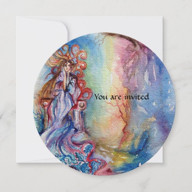 Convite SENHORA DO LAGO vibrante azul brilhante rosa roxo  (Frente)