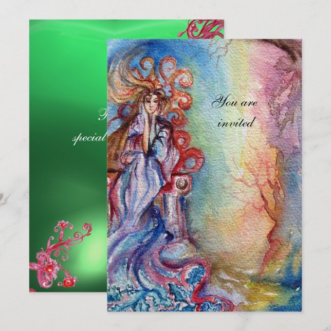 Convite SENHORA DO LAGO, vibrante azul rosa gema verde (Frente/Verso)