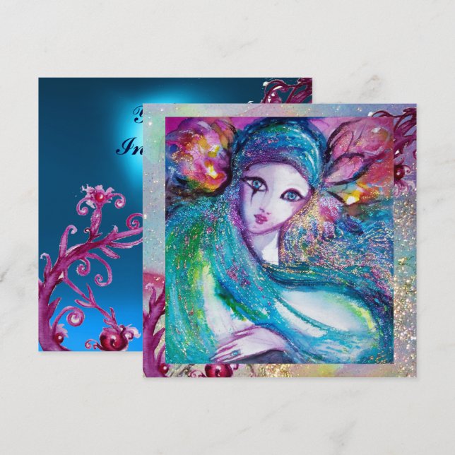 Convite SENHORA MÁSCARA AZUL Festa Elegante de Mascarada,  (Frente/Verso)