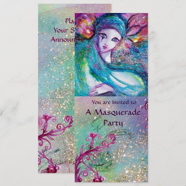 Convite SENHORA MÁSCARA AZUL Programa de Festa de Mascarad (Frente/Verso)