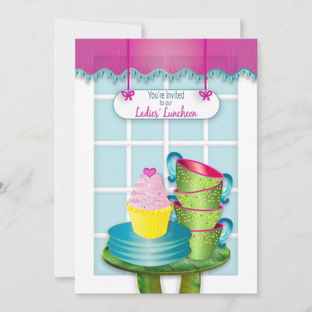 Convite Senhoras Luncheon, Taa Cups, Placas e Cupcakes (Frente)