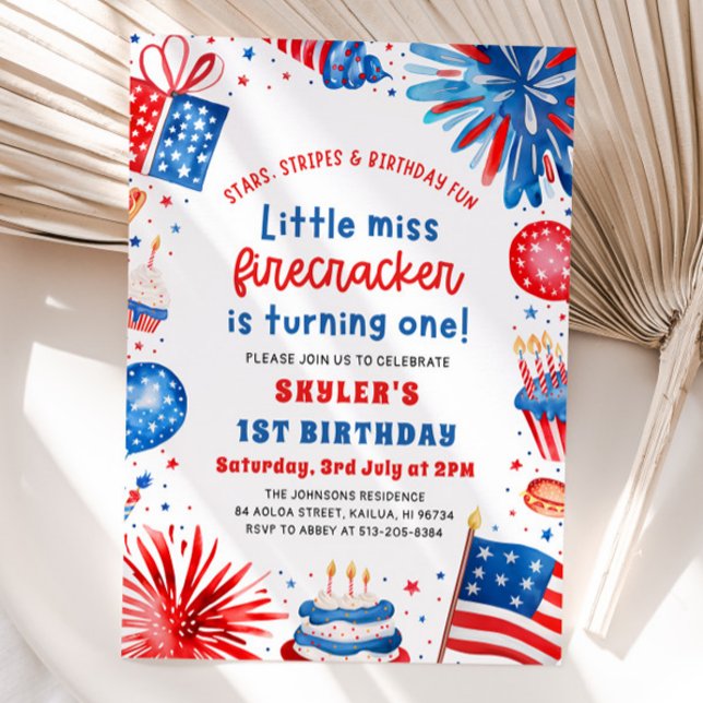 Convite Senhorita Firecracker 4 de julho primeiro aniversa (Watercolor Patriotic Fireworks Little Miss Firecracker 4th of July 1st Birthday Invitation)