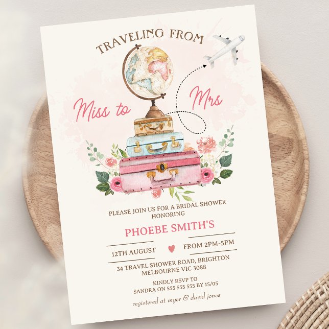 Convite Senhorita Floral Para A Sra. Viagem Themed Chá de  (Travel Themed Bridal Shower Invitation Traveling From Miss to Mrs Bridal Shower Invite World Globe)