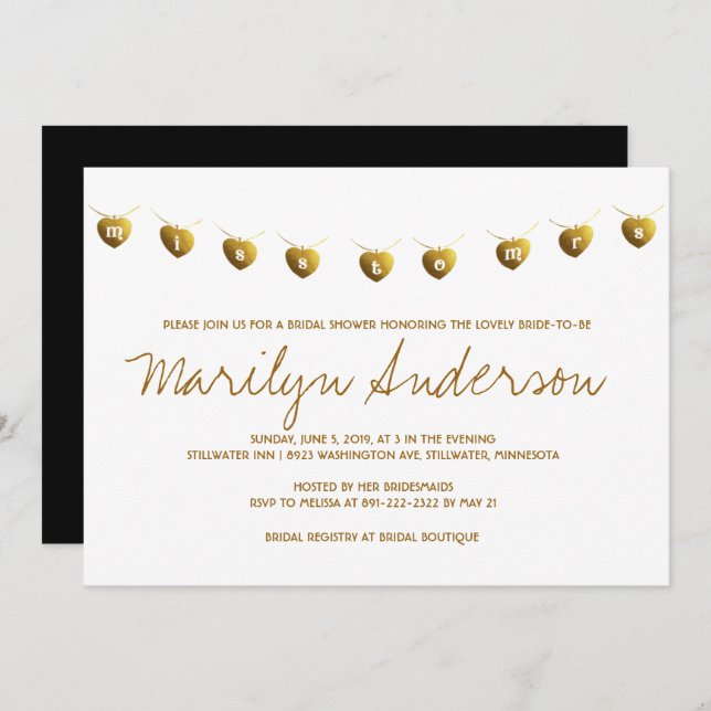 Convite Senhorita para a Sra. Modern Dourada Chá de panela (Frente/Verso)