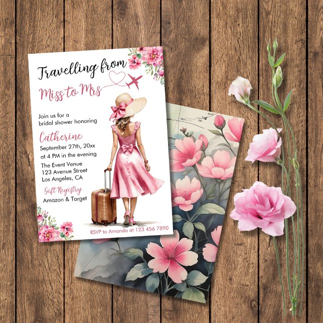 Convite Senhorita para Senhora Viagem Laço Rosa Vestido Ch (Flat lay love is a journey travel map bridal shower travelling from miss to mrs invitation card)