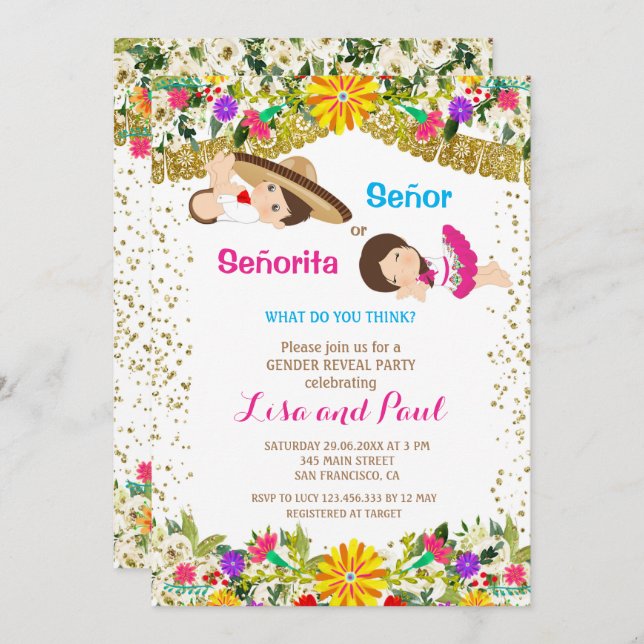 Convite Señor ou Señorita Fiesta - Revelação de Gênero (Frente/Verso)