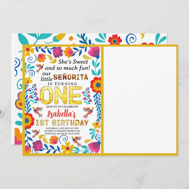 Convite señorita primeiro aniversario, floral mexicana (Frente/Verso)