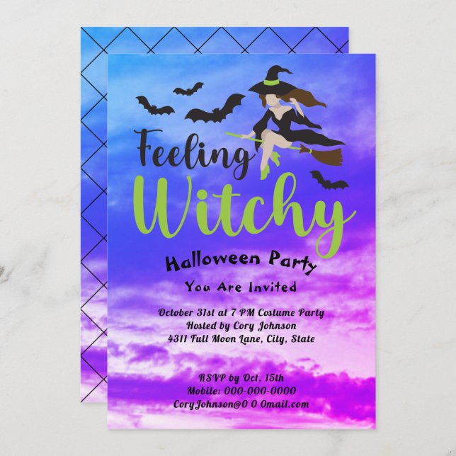 Convite Sentir a festa do Halloween do Witchy Bats (Frente/Verso)