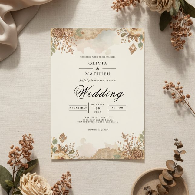Convite Sepia Autumnal Bloom Wedding (Criador carregado)