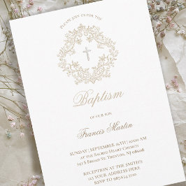 Convite sépia beige crista elegante | Batismo