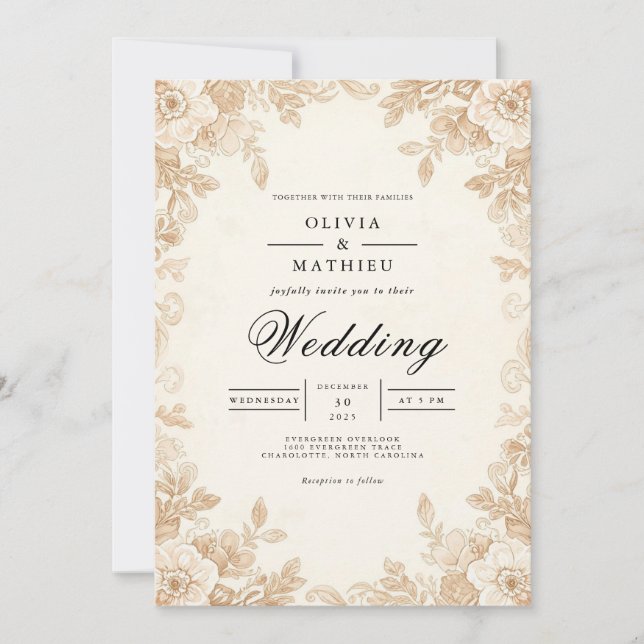Convite Sepia Blossom Casamento Romântico (Frente)