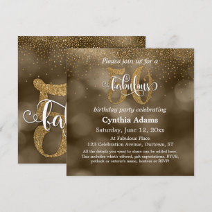 Convite Sepia Bokeh, Glitter Dourado e Script 50 e Fabulos