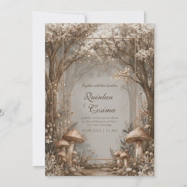 Convite Sepia Bronze Mushroom Enchanted Forest Wedding (Frente)