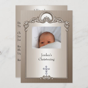 Convite Sepia Silver Foto Frame Jewel Cross Christening