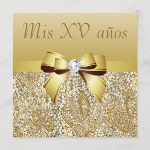 Convite Sequências Douradas, Arco e Diamante Quinceanera