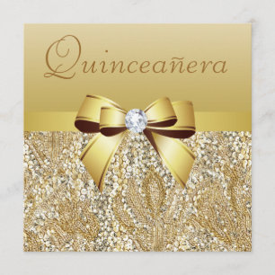 Convite Sequências Douradas, Arco e Diamante Quinceanera