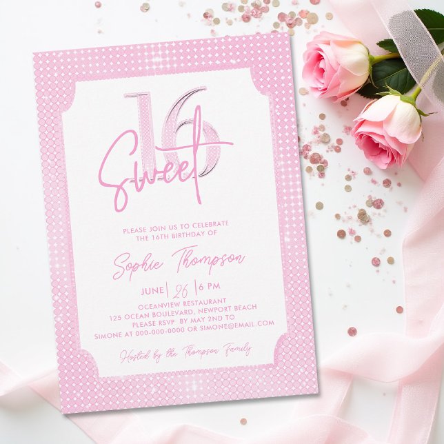 Convite Sequências rosa Caligrafia elegante de quadros 16 (sweet 16 invitation sixteen birthday party pink sequins glitter elegant calligraphy modern fashion)