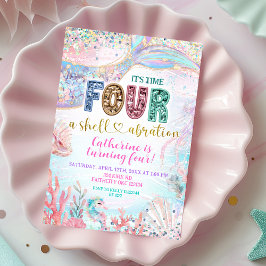 Convite sequin glitter Four Shellebarate Girl birthday inv