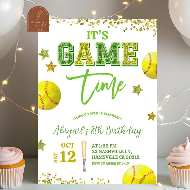 Convite Sequin Glitter Softball Girl birthday invitat (Criador carregado)