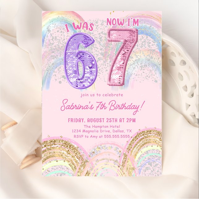 Convite Sequin Rainbow Six Seven 67 Birthday Invitation (Criador carregado)