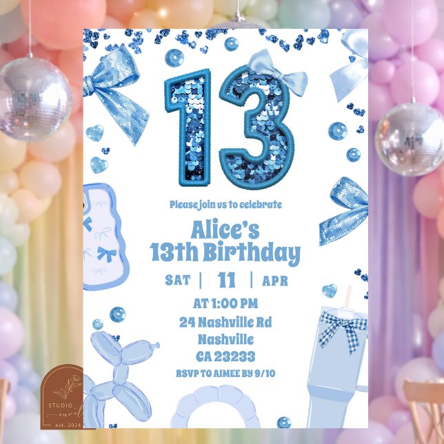 Convite Sequins Blue Bow 13 aesthetic teenager birthday (Criador carregado)