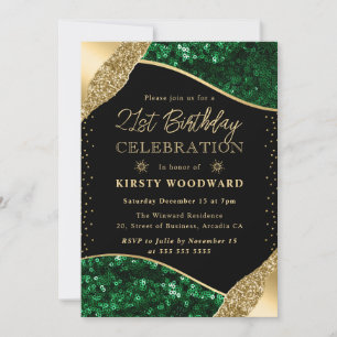 Convite Sequins de Inverno Verde e Dourado Aniversário de 