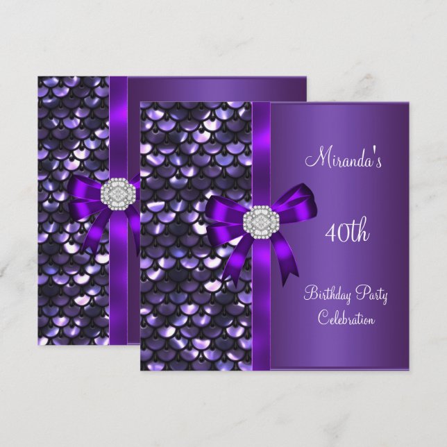 Convite Sequins Roxo Diamante Arco de Aniversário de 40 An (Frente/Verso)