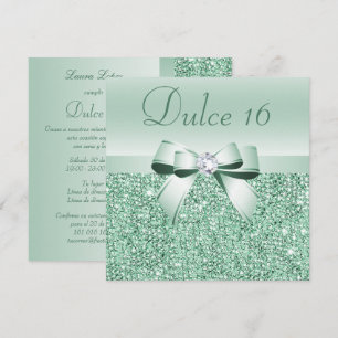 Convite Sequins Verde Menta Espanhol, Laço & Diamante Dulc