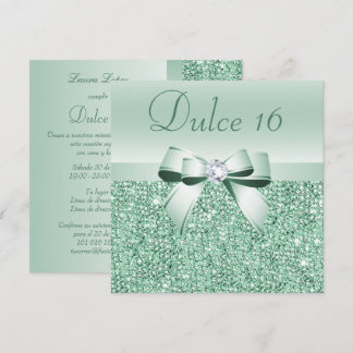 Convite Sequins Verde Menta Espanhol, Laço & Diamante Dulc