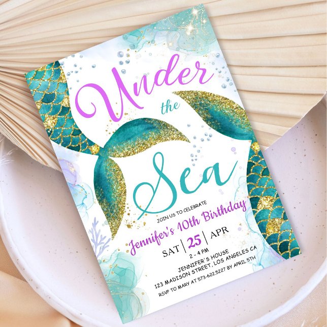 Convite Sereia 10º Aniversário Garota Rosa Teal Sob o Mar (Criador carregado)