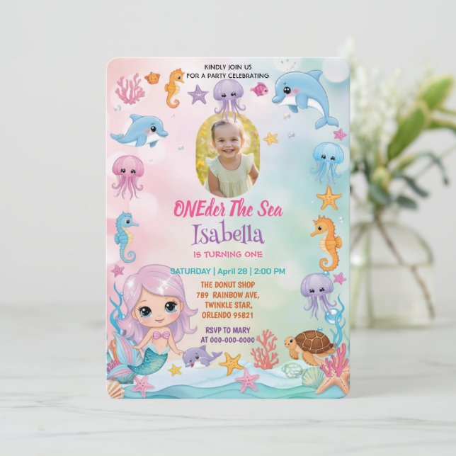 Convite Sereia, 11 ruas Foto de aniversário no Oceano Índi (Em pé/Frente)
