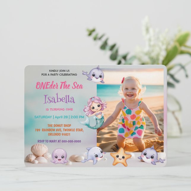 Convite Sereia 1rua Foto do aniversário do mar (Em pé/Frente)