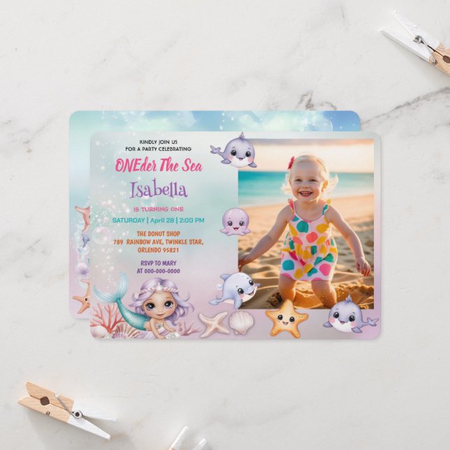 Convite Sereia 1rua Foto do aniversário do mar (Frente/Verso In Situ)