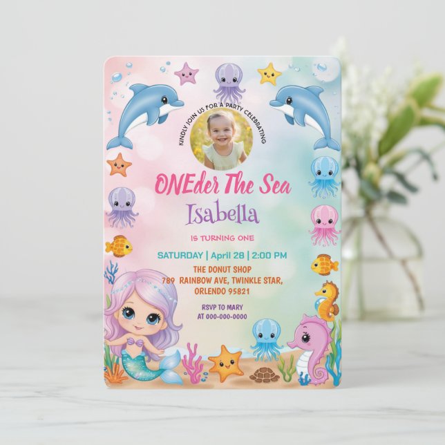 Convite sereia 1rua Foto do aniversário do mar (Em pé/Frente)