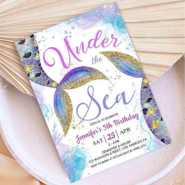 Convite Sereia 5 de aniversário, garota rosa Dourada sob o (Criador carregado)