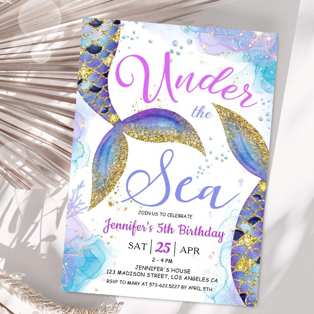 Convite Sereia 5 de aniversário, garota rosa sob o mar (Criador carregado)