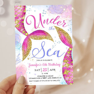 Convite Sereia 6 de aniversário, garota rosa sob o mar