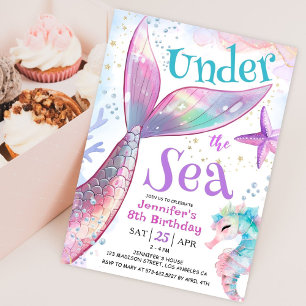Convite Sereia 8.º Aniversário Sob O Mar Púrpura Rosa
