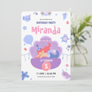 Convite Sereia Adormecida Feliz Aniversário Roxo Rosa